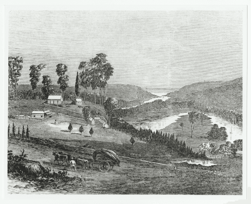 Photograph of etching - Estuary of the Forth, Tasmania by James Fenton. Illustrated Melbourne Post. Tasmanian Archives