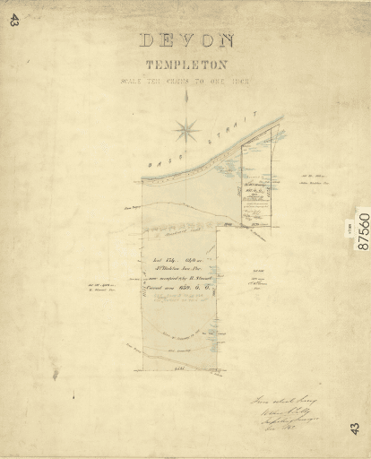 Map of Templeton, Devon showing Thomas land, top right. Tasmanian Archives