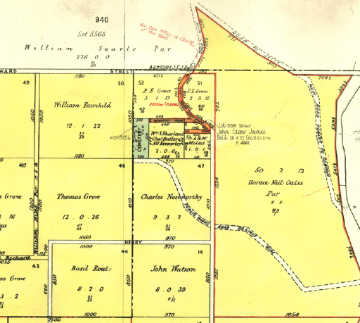 Tasmanian Archives. Green section showing the location of the cemetery.