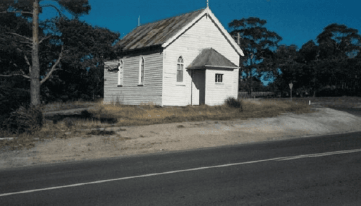 A landscape photograph of a church at Sidmouth, Tasmania, 1990. Reproduced with the permission of the Beaconsfield Mine and Heritage Centre.